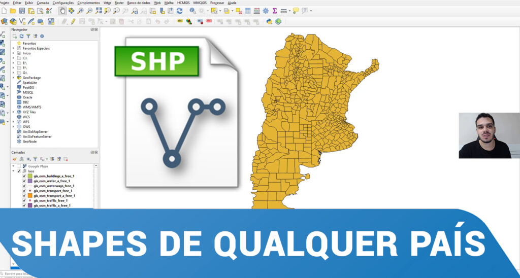 Captura de tela do software qgis com um mapa das regiões da Argentina, um ícone de um arquivo SHP e uma pessoa em uma caixa de vídeo. Na parte inferior, um banner azul diz "SHAPES DE QUALQUER PAÍS".