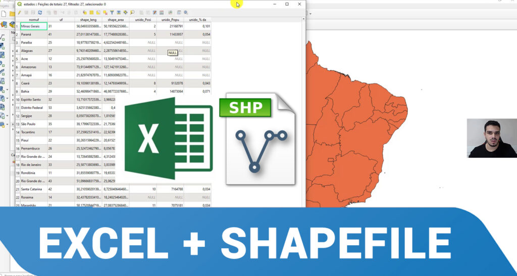 Captura de tela mostrando uma planilha do Excel, um ícone de shapefile, um mapa com regiões destacadas no QGIS e uma pessoa em vídeo. Um banner azul na parte inferior mostra EXCEL + SHAPEFILE.