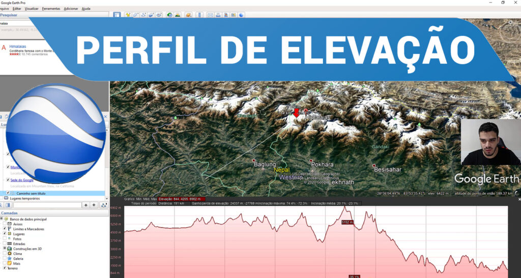 Captura de tela de uma janela do Google Earth e uma paisagem montanhosa, ao lado de um gráfico de perfil de elevação rotulado PERFIL DE ELEVAÇÃO em negrito, com o rosto de um homem em uma chamada de vídeo inserido - perfeito para comparar recursos com visualizações qgis.