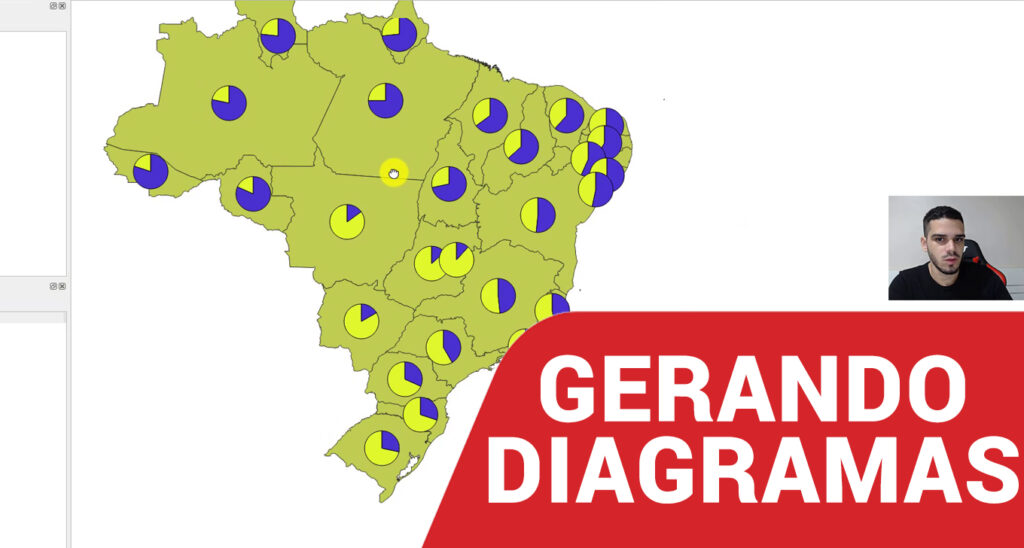 Um mapa do Brasil gerado no QGIS com diagramas de pizza em vários estados e um homem no canto inferior direito ao lado de um banner vermelho com texto em branco onde se lê GERANDO DIAGRAMAS.