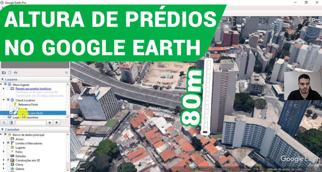 Captura de tela do Google Earth mostrando uma área urbana com edifícios. Um banner verde diz ALTURA DE PRÉDIOS NO GOOGLE EARTH. Uma escala em um prédio mostra 80 m, com o rosto de um homem no canto - perfeito para comparar alturas em projetos do QGIS.